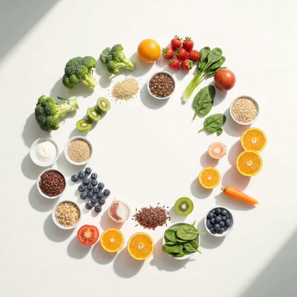Healthy foods arranged in circular pattern