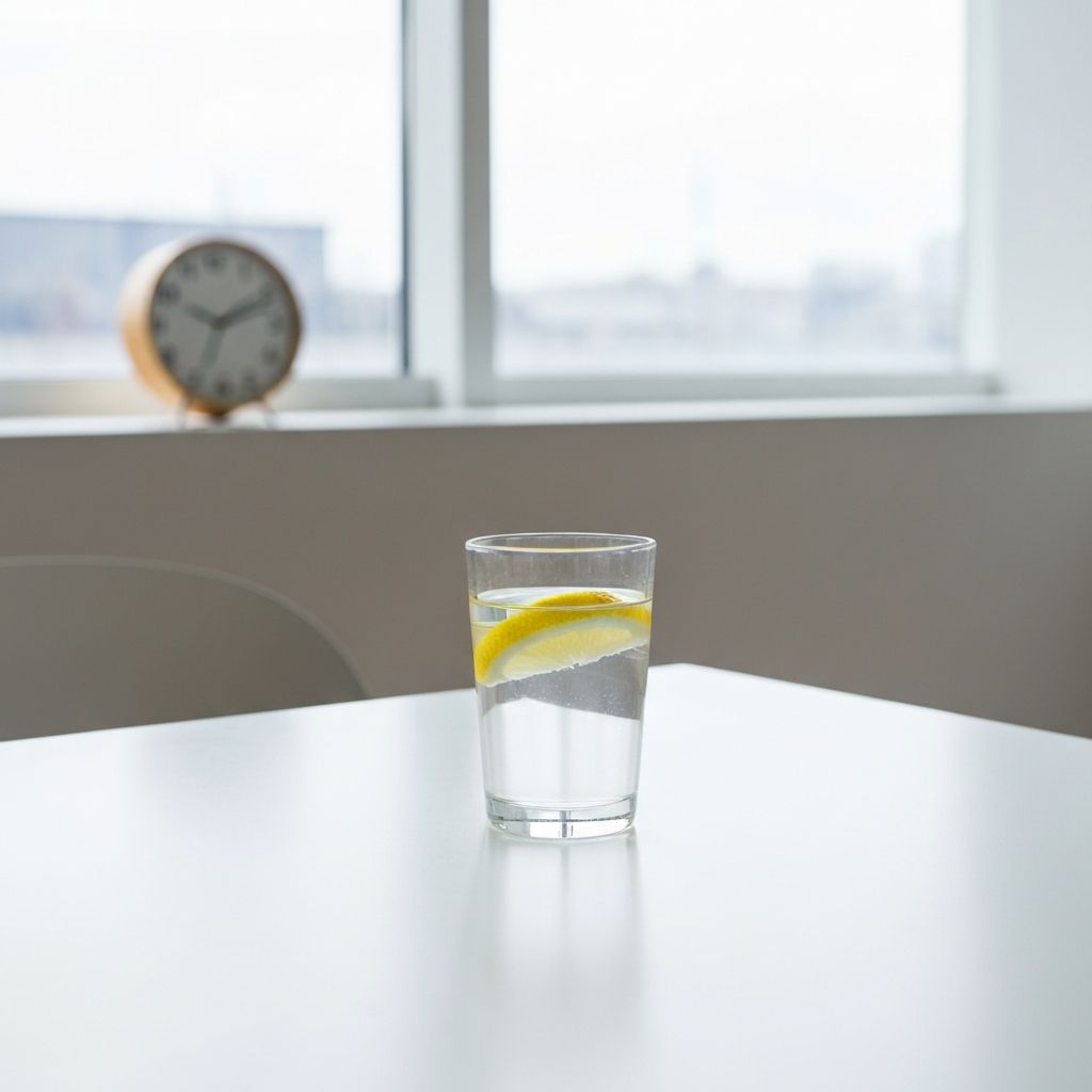 Water glass with lemon and clock